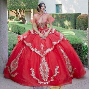 New Red / Gold Ceremonial Gown w/ Sequins Embroidery Over Corset Bodice JT1511H